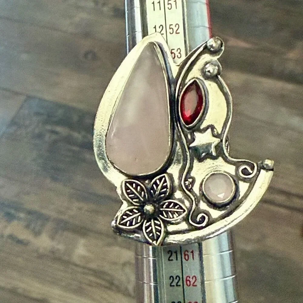 Boho Bloom Ring – Rose Quartz & Garnet Floral Statement Size 8 New *